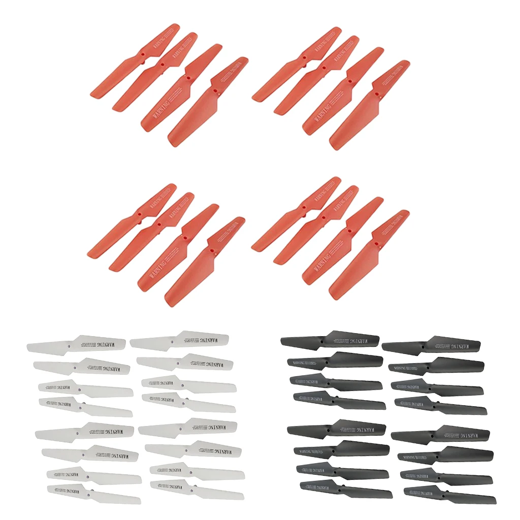 Hélices de drone X5C X5SW X5SC disposées en éventail, pales transparentes avec embouts colorés.