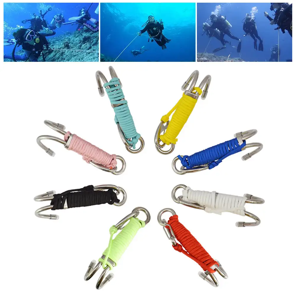 1Pc Double Head Dive Reef Rafting Hook Stainless Steel Reef Hook Spiral Coil Spring Cord Dive Safety Accessory 8 Colors