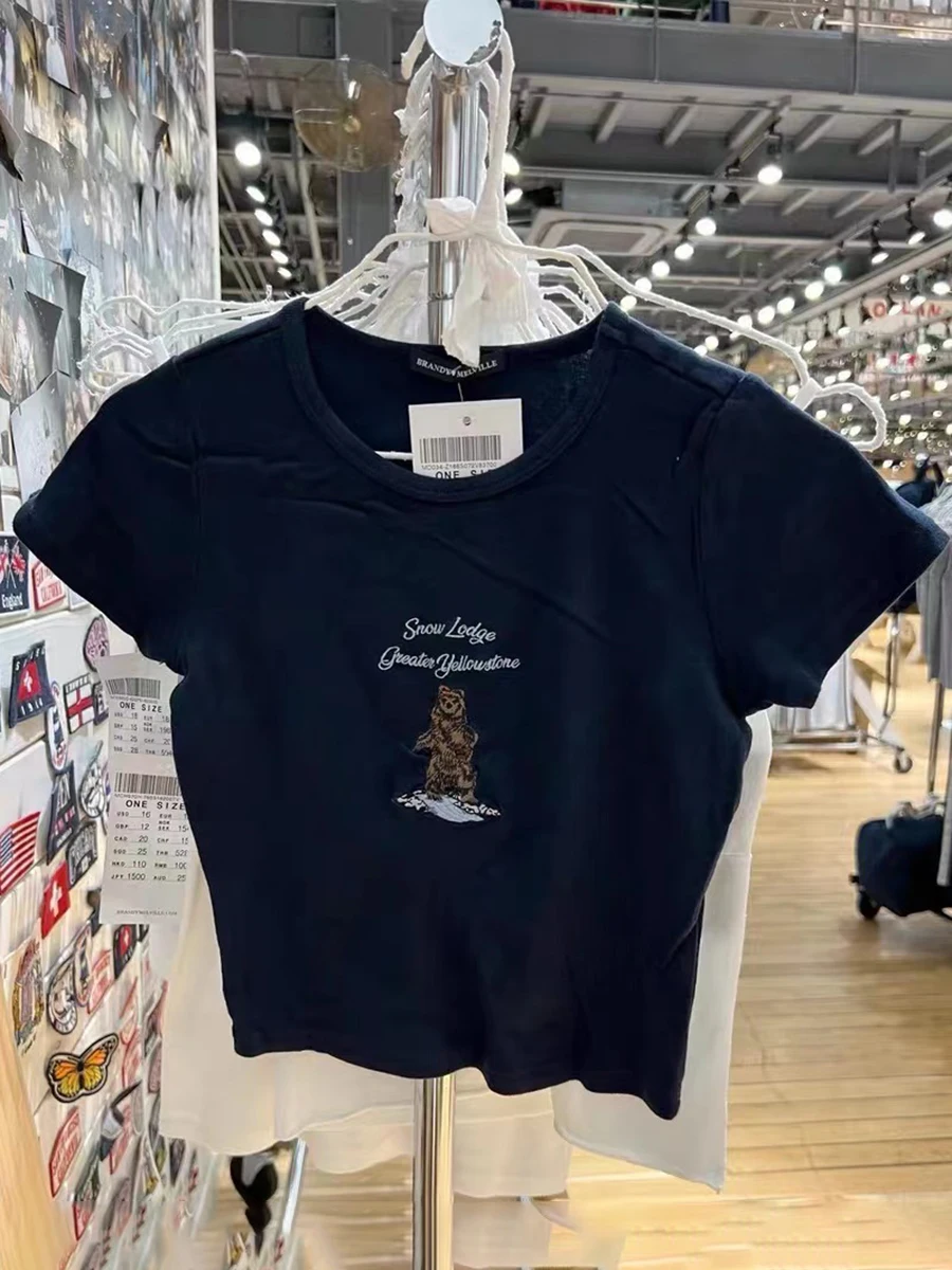 Bear Letter Embroidery T-Shirts Women Summer Casual O Neck