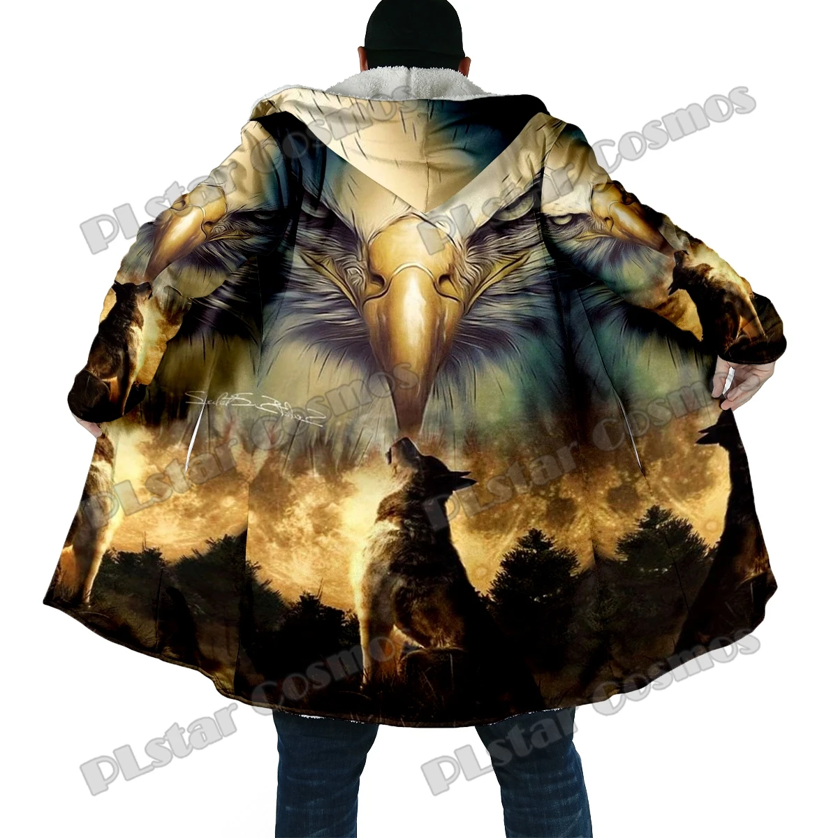 Winter Fashion Men's cloak Animal Eagle Pattern 3D All Over Printed Thick Fleece Hooded Cloak Unisex Casual Warm Cape Coat DP45