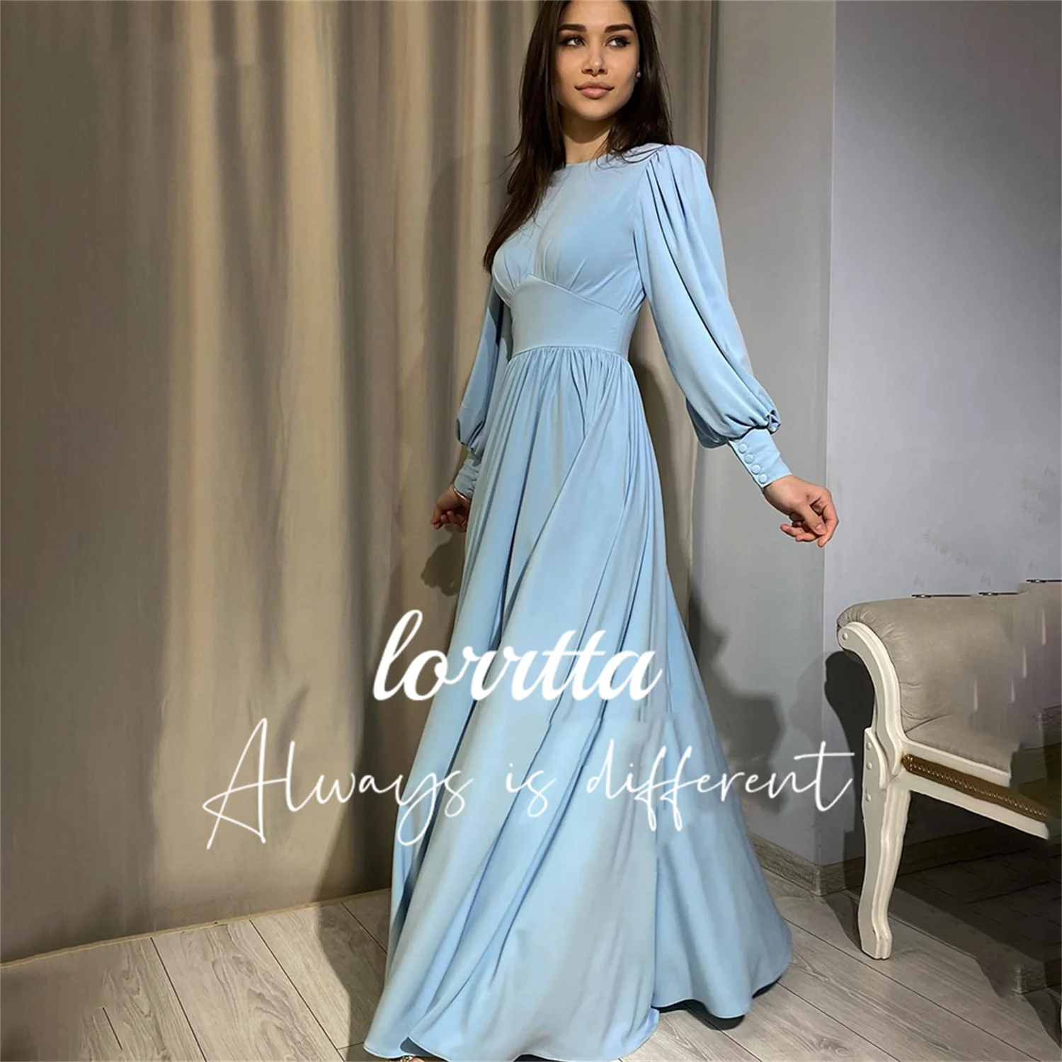 

Lorrtta Sky Blue Long Sleeve Evening Gown Elegant Prom Party Dress Floor Length Cuffs With Buttons فساتين للحفلات الراقصة السهرة