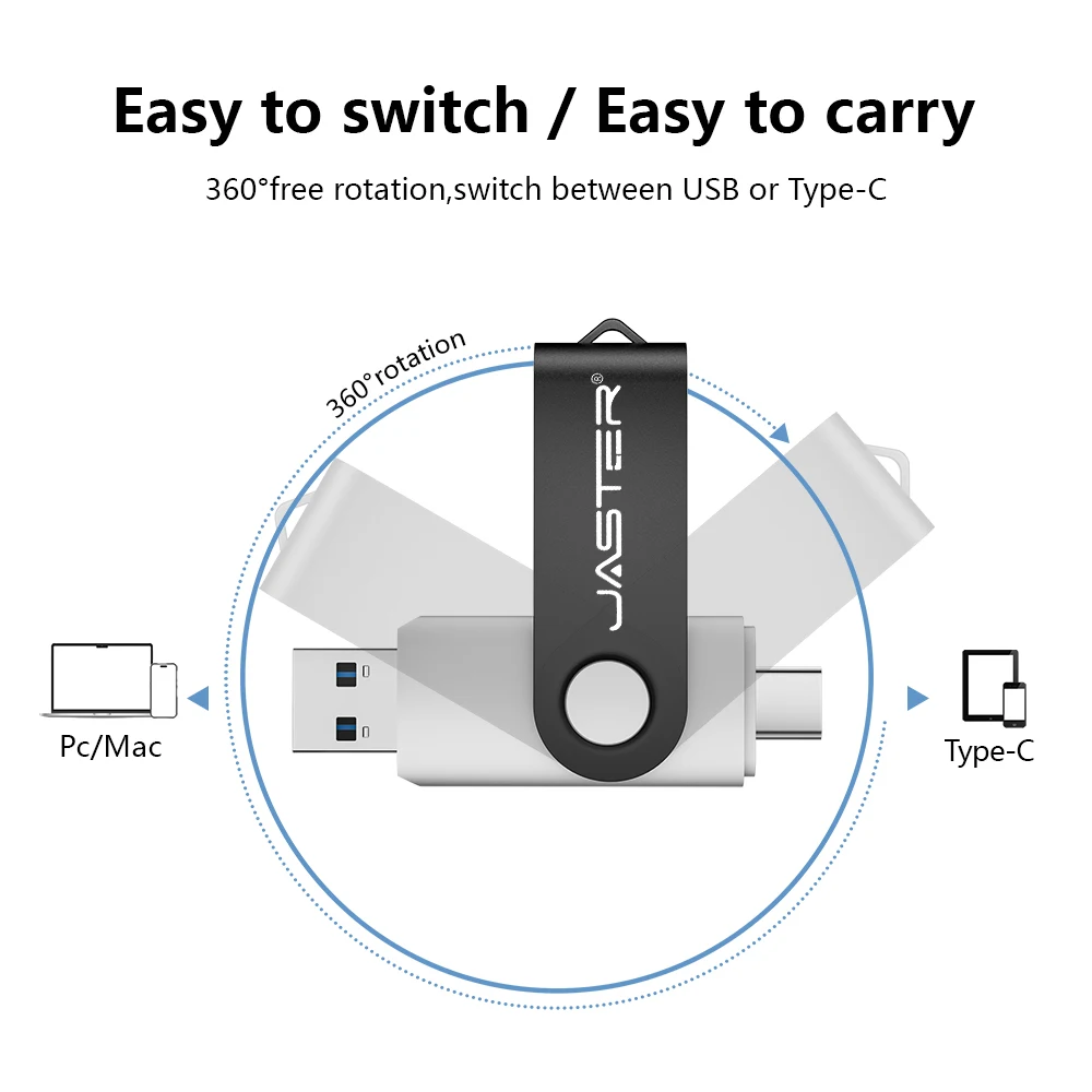 JASTER 128GB TYPE-C 2 in 1 USB 플래시 드라이브 32GB 메모리 스틱 64GB 컬러풀 회전형 펜 드라이브 4G 8GB 16GB 무료 키링 USB-C