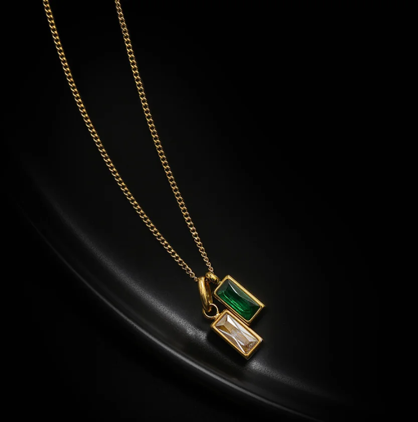 Simple white green zircon double Pendant Chain titanium steel necklaces for women 2023 fashion jewelry