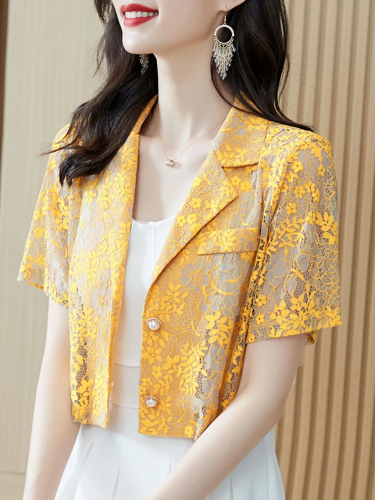 

Elegant Women Short Blazer Jacket Lace Hollow Out Short Sleeve Turn-Down Collar Female Suit Coat Summer Slim Ladies Outerwear