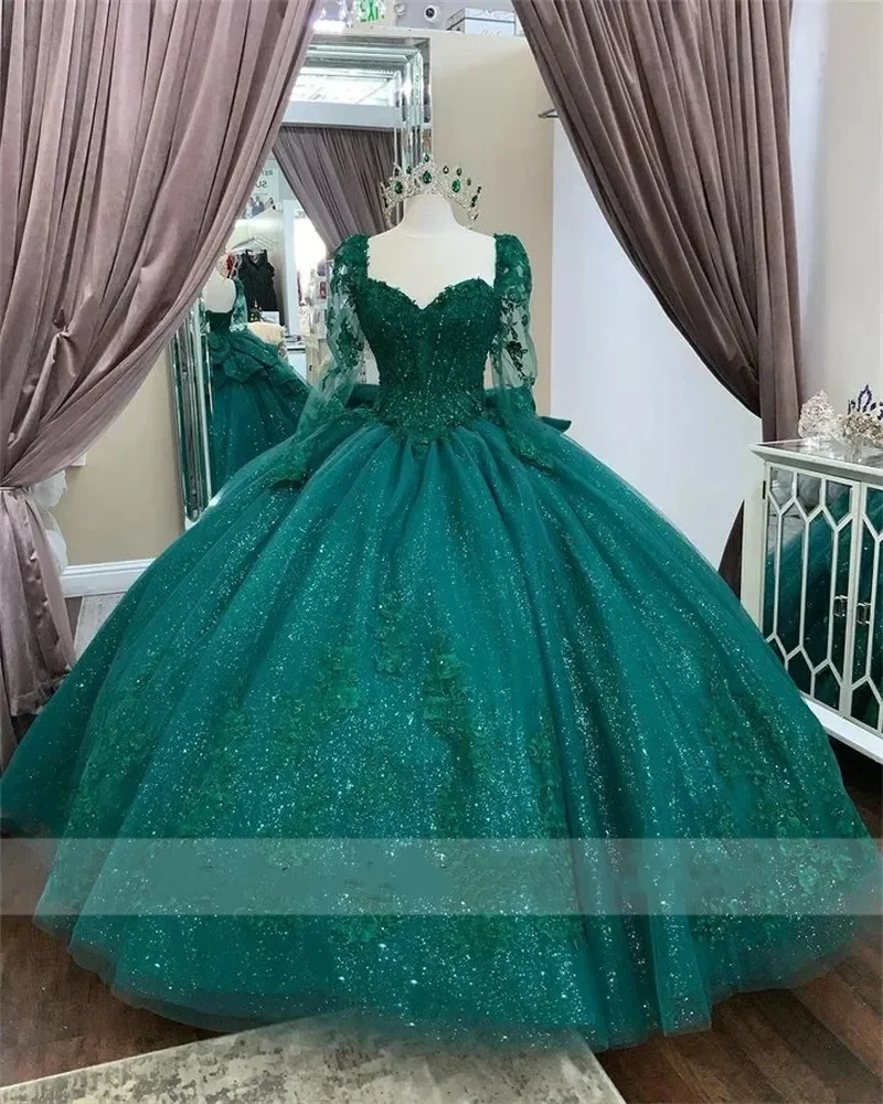 

ANGELSBRIDEP Green Princess Quinceanera Dresses With Bow Detachable Sleeves Lace Applique Beaded Ball Gown 16th Birthday Gowns