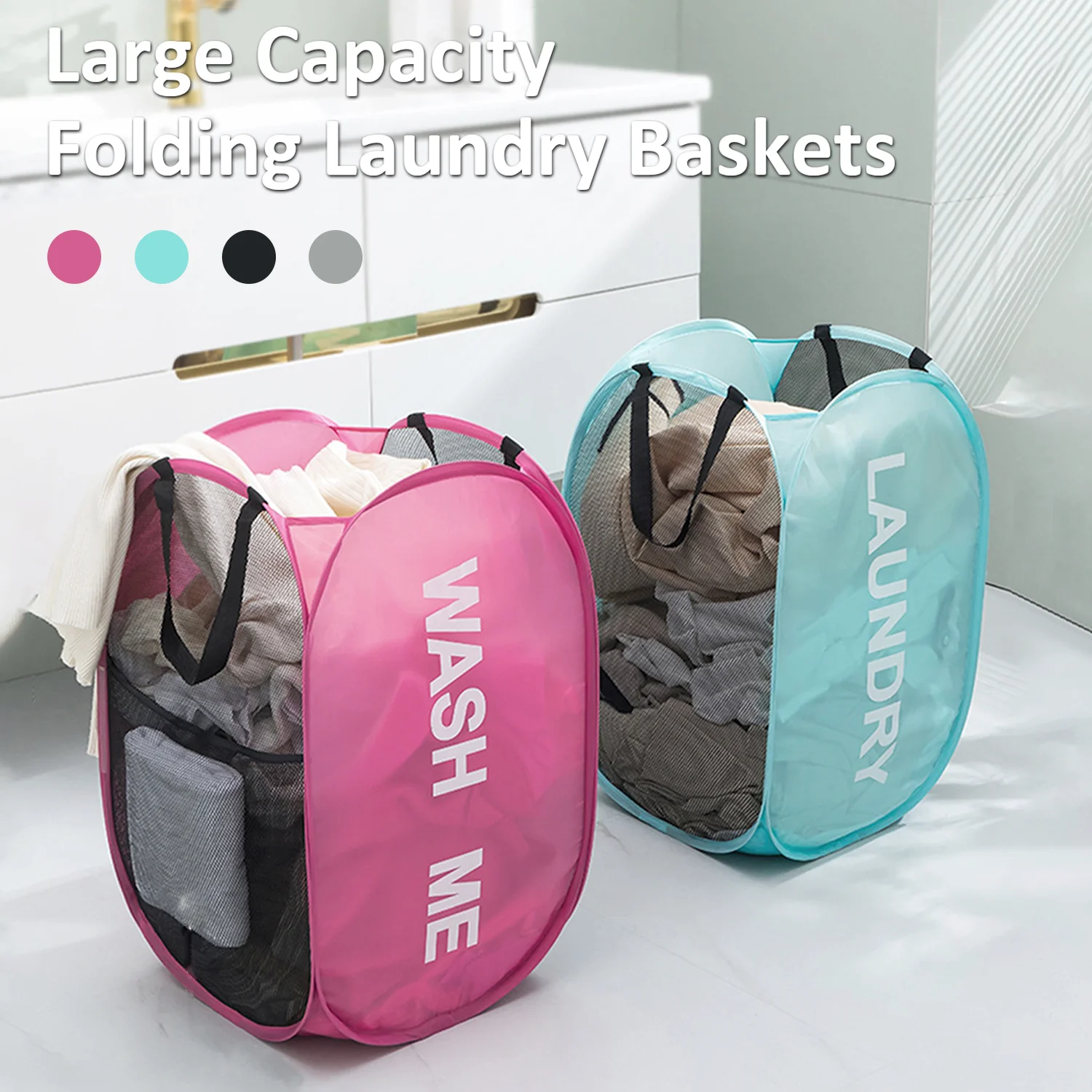 Folding Laundry Baskets Large Capacity Washable Clothes Storage Organizer Mesh Breathable Dirty Laundry Basket Bathroom Storage