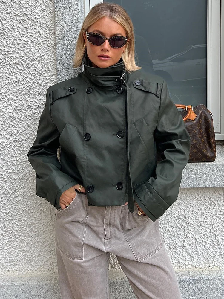 

Foridol Double Breasted Army Green Pockets Short Jacket for Women Winter Autumn Casual Streetwear Short Trench Windbreak