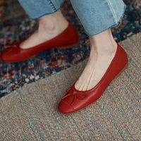 Red With Bow Luxury Leather Casual Kawaii Flat Cute Moccasins Flats Ladies Footwear Women's Shoes Round Toe Trend Chic Point Y2k - Image 4
