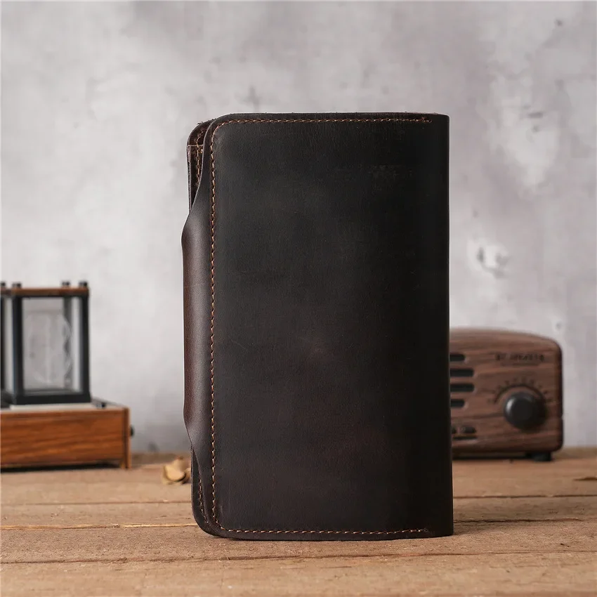 Crazy Horse Leather Men's Wallet with Two Folds, Genuine Top Grain Leather, Vintage Purse