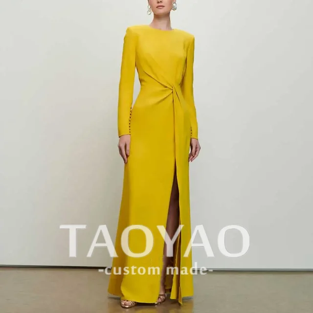 Yollow Satin Floor Length Luxury Birthday Evening Dress Full Sleeves Summer Elegant Wedding Party Gowns For Women Arab 2024 1