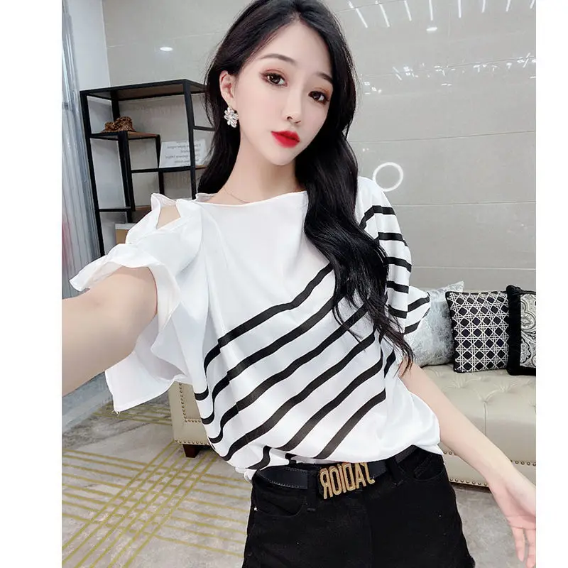 Stylish Slash Neck Button Folds Off Shoulder Striped Blouse Female Clothing 2023 Summer New Casual Pullovers Asymmetrical Shirt