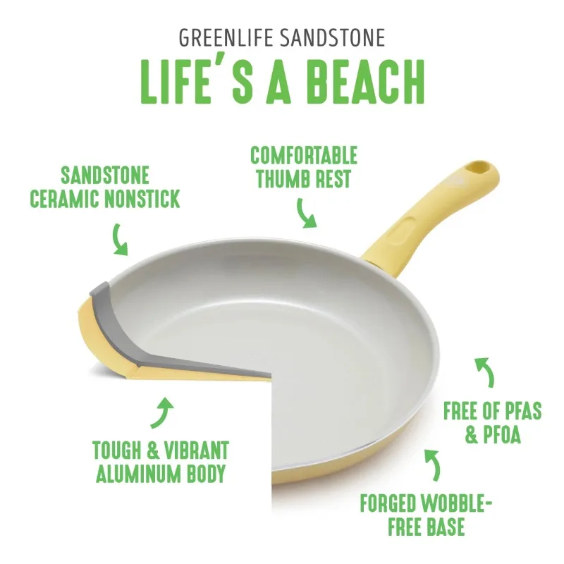 GreenLife Soft Grip Healthy Ceramic Nonstick, 8 10 and 12 Frying Pan Skillet Set, PFAS-Free, Dishwasher Safe, Black