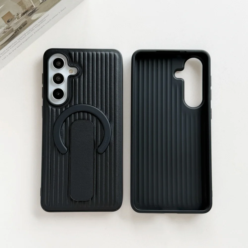 Adjustable Ring Holder Leather Magnetic Case with Creative Corrugated Stripe Cover