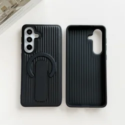 Adjustable Ring Holder Leather Magnetic Case with Creative Corrugated Stripe Cover - Galaxy S26+ (Black)