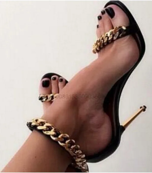 European Station Solid Metal Buckle Chain Iron Heel Simple One Line Buckle High Heel Sandals Sexy Heels