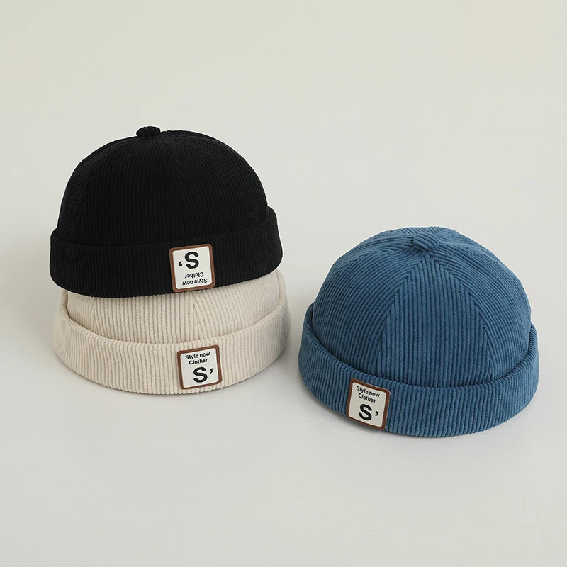 Solid Color Letter Baby Docker Cap Winter Corduroy Toddler Brimless Hat Adjustable Warm Kids Boy Girl Landlord Sailor Melon Caps