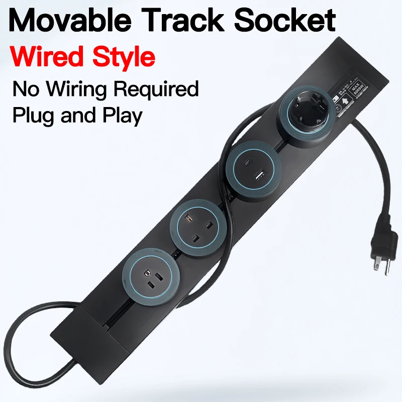 Wall‑Mounted Power Track Outlet Rail, Modular Sliding Socket Strip with USB‑C, US/EU/UK Adapters, Grey/Black, For Office Home 3