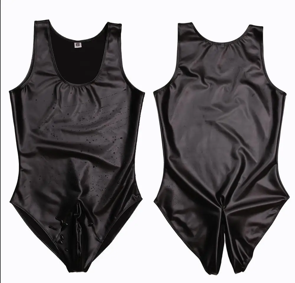 Men Sexy Leotard Faux Leather One Piece Swimsuit Slim Tight Corset High Elastic Stretchy Stylish