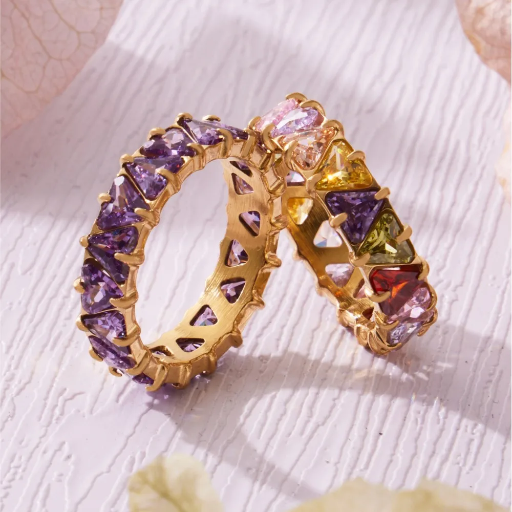 Triangular Purple Zircon Eternity Band in 18K Gold Plated Stainless Steel