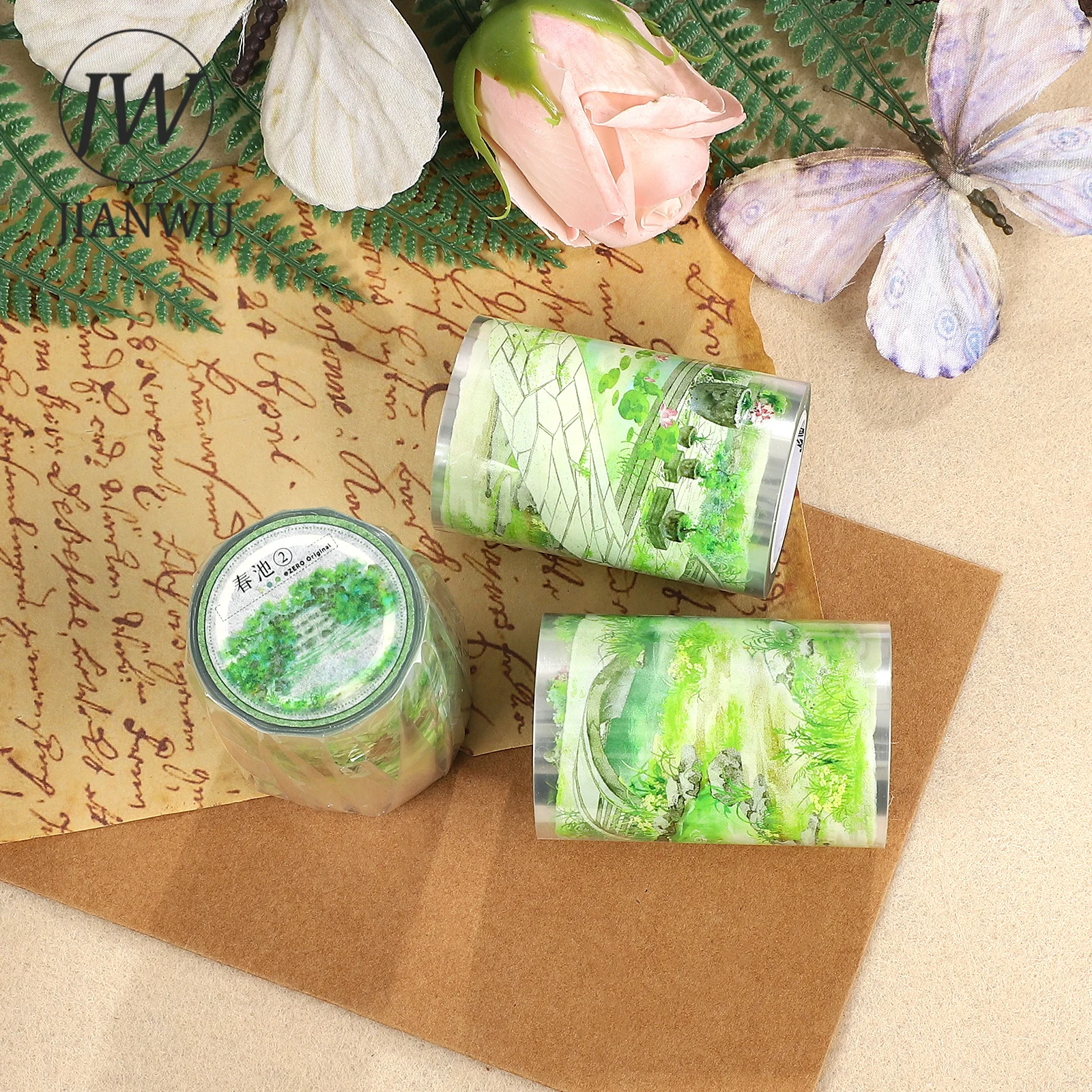 JIANWU 60mm*5m 빈티지 봄 식물 연못 풍경 재료 콜라주 스크랩북 PET 테이프 창의적인 DIY 저널 문구