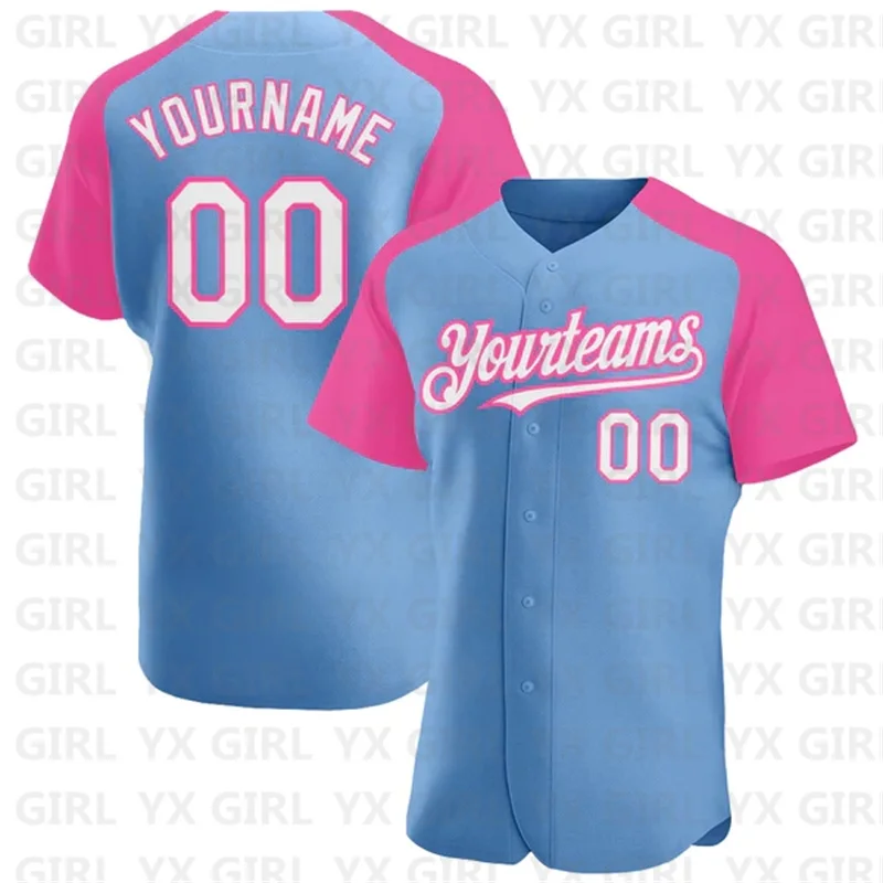 

Custom Light Blue White-Pink Authentic Raglan Sleeves Baseball Jersey 3D Printed Men Women Casual Shirts Sport Unisex Tops