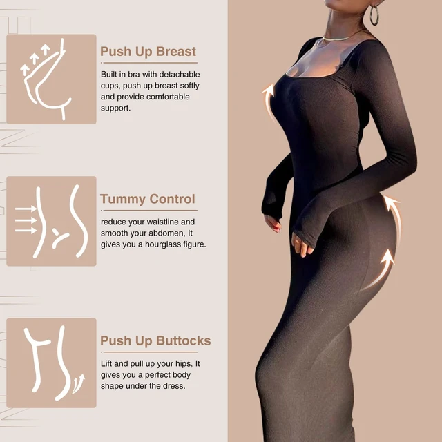 Hot Long Sleeve Body Shaper Dress Bodycon Maxi/Mini Built in Shapewear Bra  8 in 1 Women Tummy Control Lounge Dresses Slip Dress - AliExpress