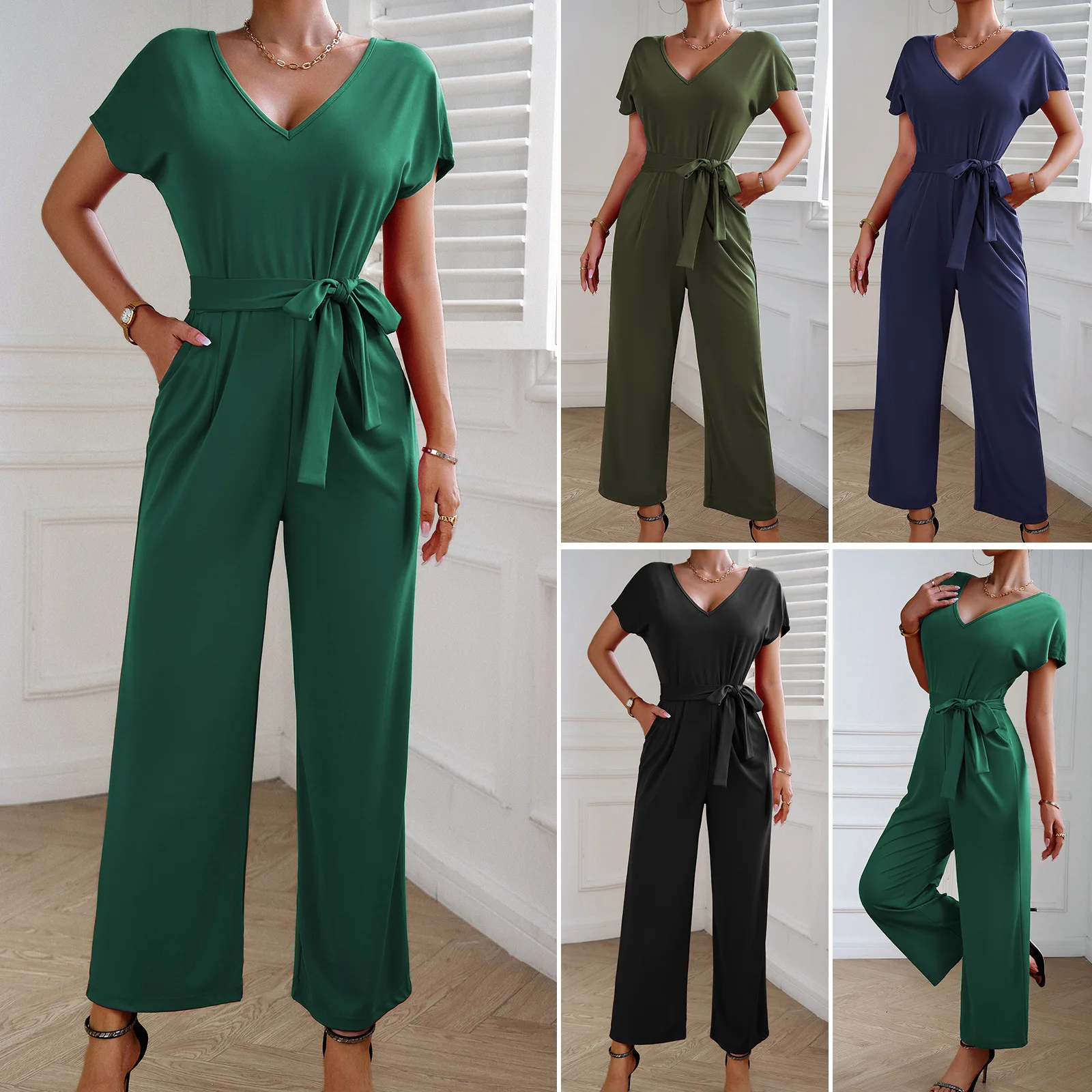

2023 Summer Solid Color Jumpsuit Feminine Short Sleeve Belt V-neck Jumpsuit