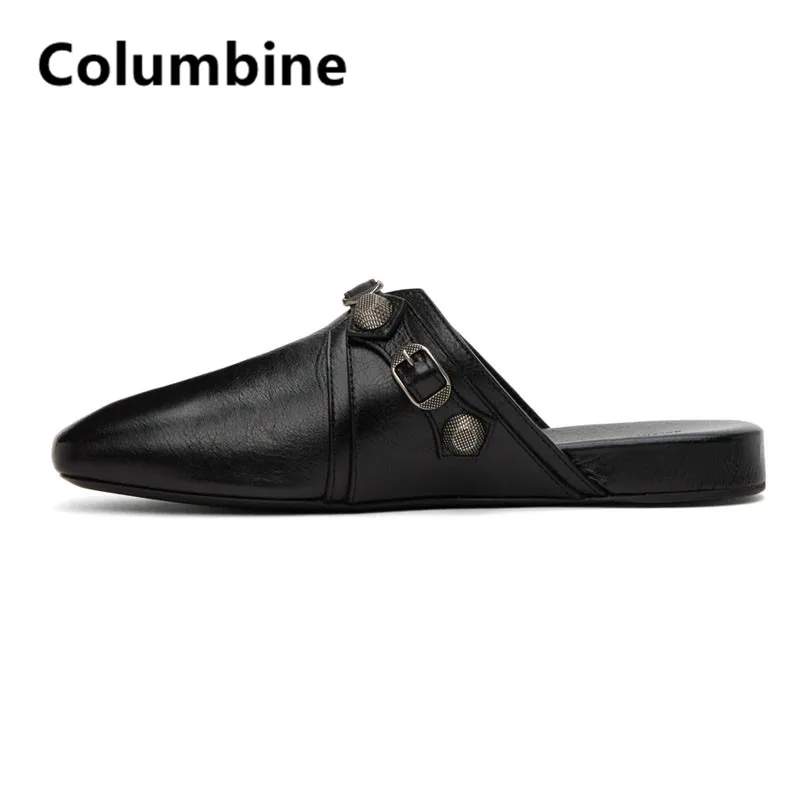 Black Soft Leather Square Toes Half Slippers Metal Button Men Shoes Summer Casual Flat Man Shoes Slip-on Men Comfortable Loafers