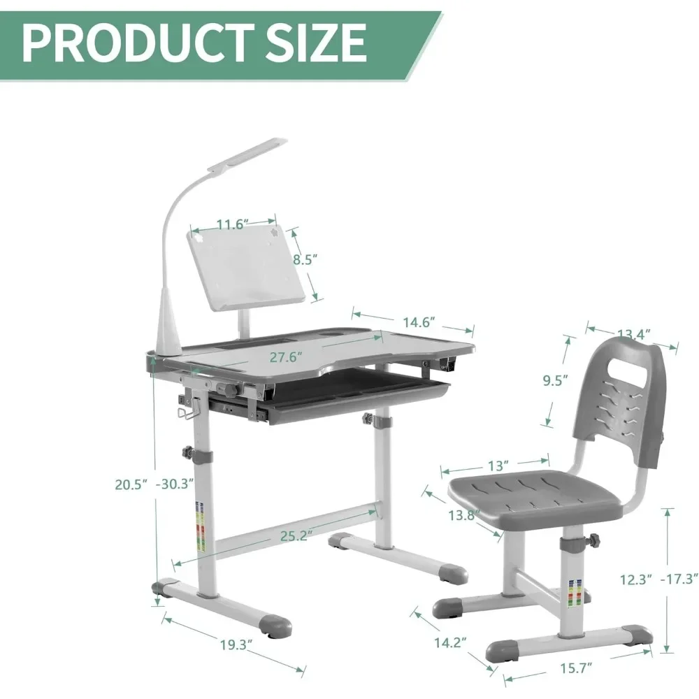 Kids Study Desk and Chair Set, Children School Study Desk with Tilt Desktop, Bookstand, LED Light, Storage Drawer for Boys Girls