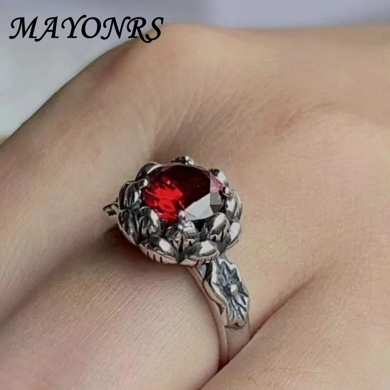 

Женское регулируемое кольцо из серебра 100% пробы с красным лотосом из циркония