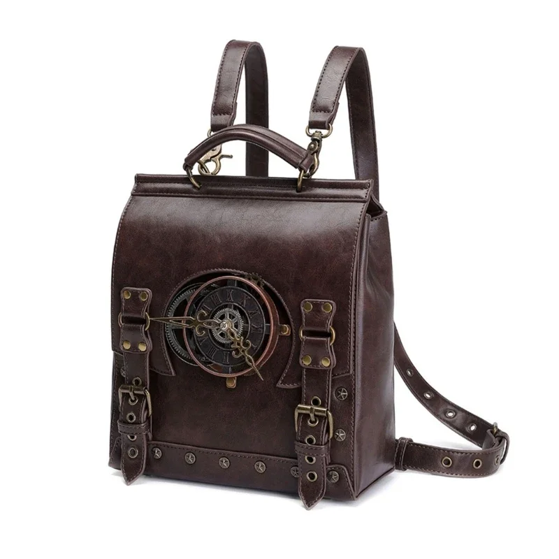 Retro laptop backpack, student backpack, Gothic medieval women's leather briefcase, retro steampunk backpack