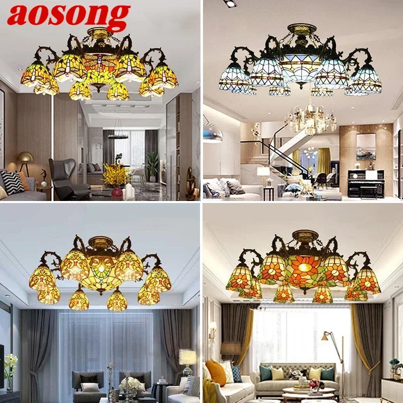 

AOSONG Tiffany European Living Room PendantLamp Vintage Creative Color Glass restaurant Bedroom Hotel Villa Chandelier