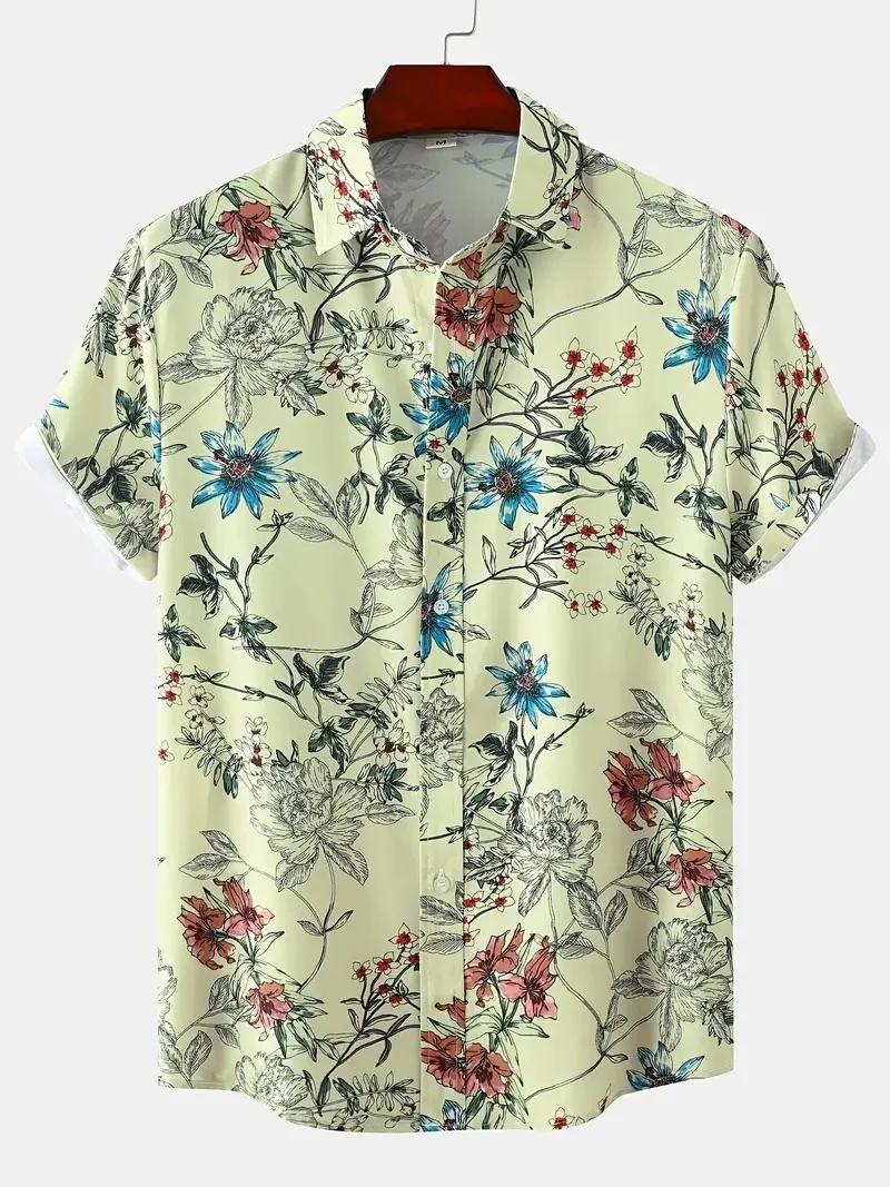 

Men's Elegant Floral Print Short Sleeve Shirt, Stylish Slim Fit Casual Button-Up Design, Versatile For Vacation Or Everyday Wear