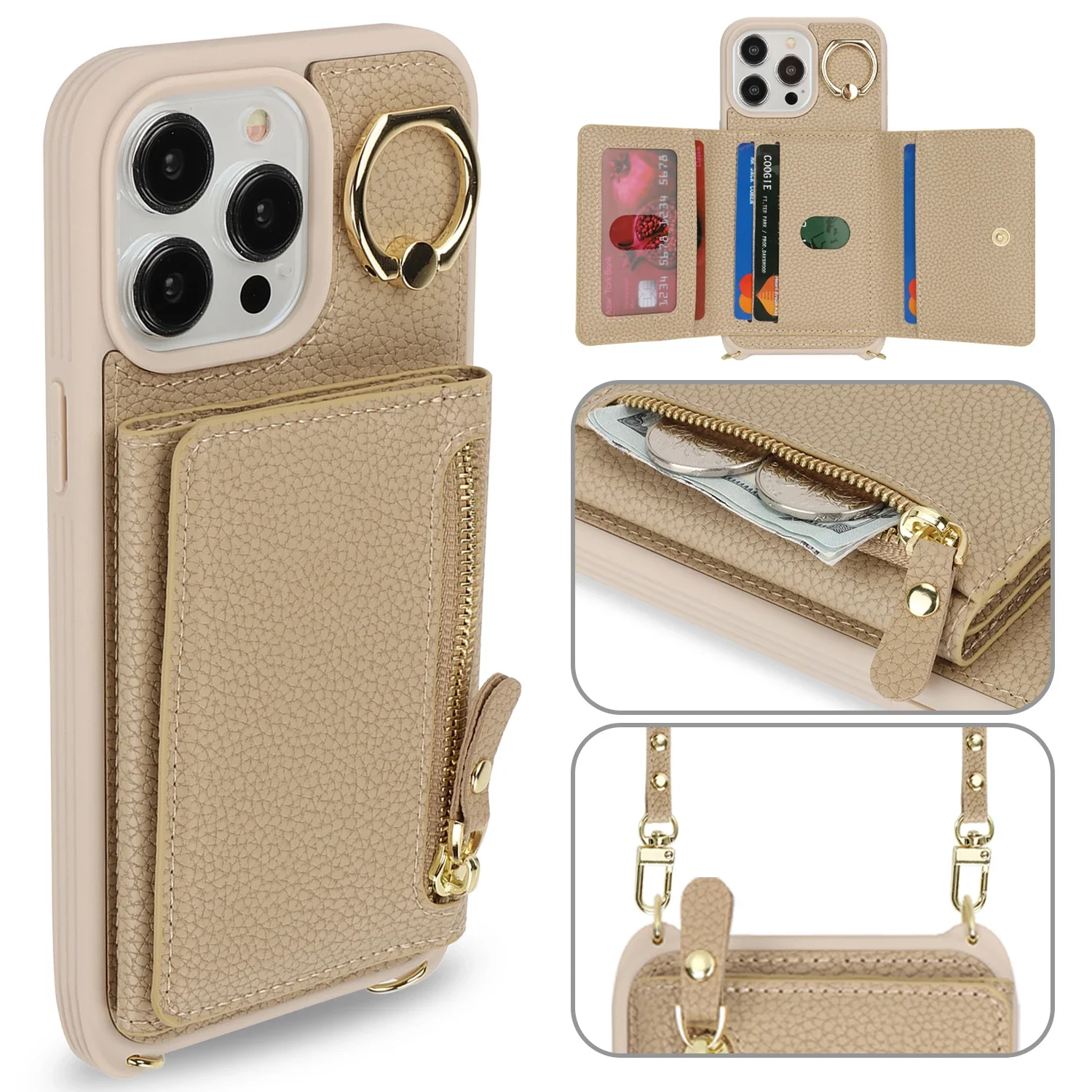Elegant Crossbody Leather Wallet Case with Ring Holder and Zippered Card Pocket