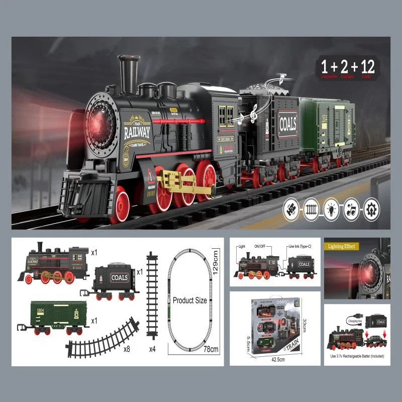 Vintage Steam Train Classical Battery Operate Electric Railway Train Locomotive Water Spray Train Toys with Light Sound