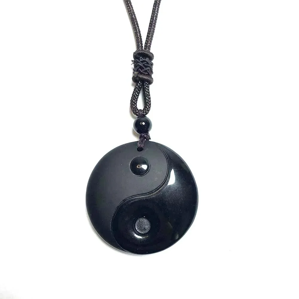 YinYang Necklace Black Obsidian Stone Bagua Feng Shui Amulet Jewlry for Men Women Double-sided Engraving