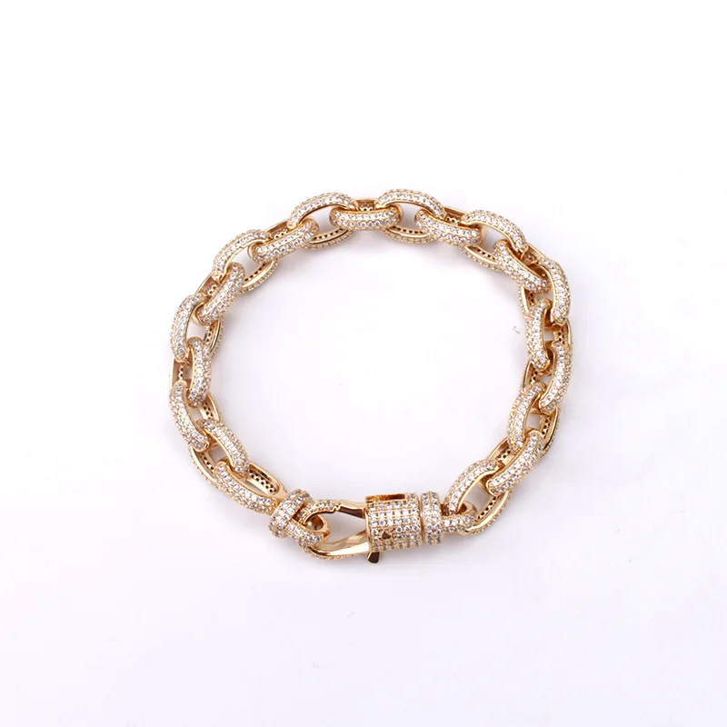 

11.5mm Hip Hop AAA Cubic Zirconia Paved Spring Button Bling Iced Out O Shape Link Chain Bangle Bracelet for Men Rapper Jewelry