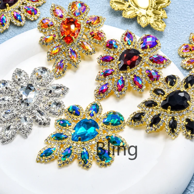 5.8*4.5cm 크리스탈 AB 유리 Strass 골드베이스 웨딩 드레스 B1008에 대한 라인 석 아플리케에 여러 가지 빛깔의 바느질 стразы для рукоделия
