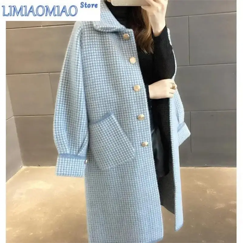 New Autumn Winter Golden Sable Knitted Cardigan Women's Sweater Medium Long Thick Loose Coat Coat Coat Woolen Plaid Large