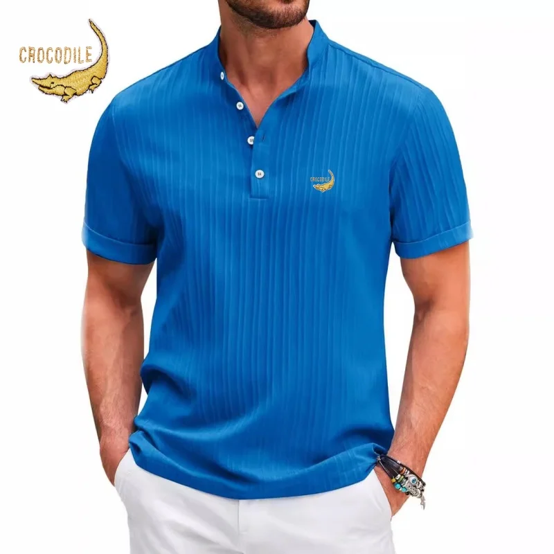 New High-end Embroidered Cotton and Linen Striped Henry Shirt for Men's Summer Casual Fashion Comfortable Breathable T-shirt Top 10 Sed0703ed255b47c48e807307a492b1bfA