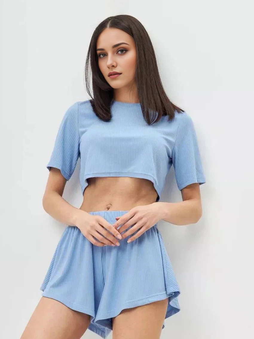 Marthaqiqi Loose Ladies Nightgown Set Short Sleeve Nightwear Crop Top Pajama O-Neck Sleepwear Shorts Casual Nightie 2 Piece Suit