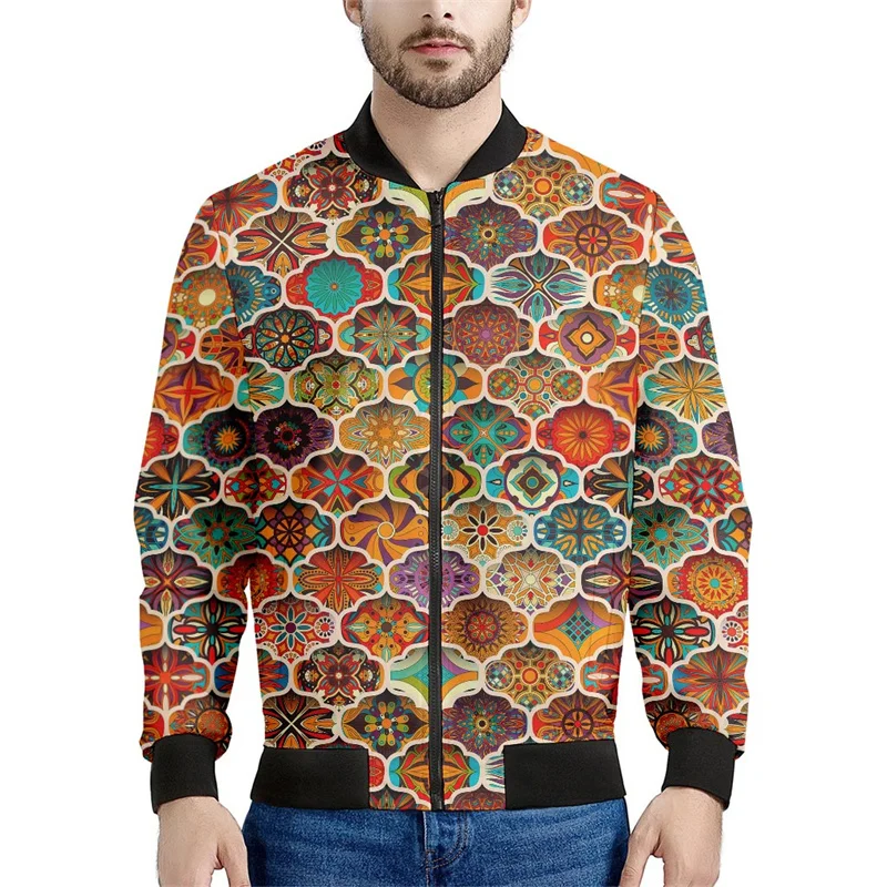 Chaqueta con cremallera con estampado floral bohemio vintage para hombre, sudaderas casuales de manga larga con estampado de flores en 3D, chaquetas, abrigos, blusas de calle