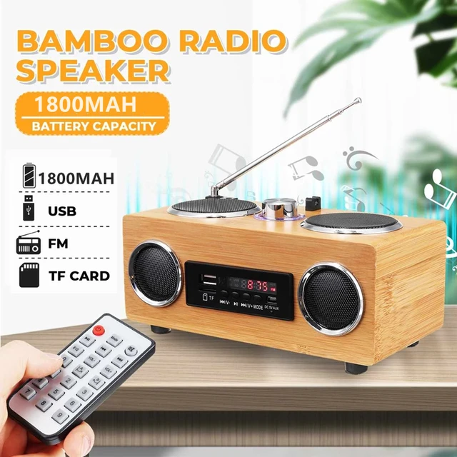 Haut-parleur Bluetooth sans fil en bois, haut-parleur stéréo de bureau,  support radio FM, disque USB, MP3 avec microphone | haut-parleur portable