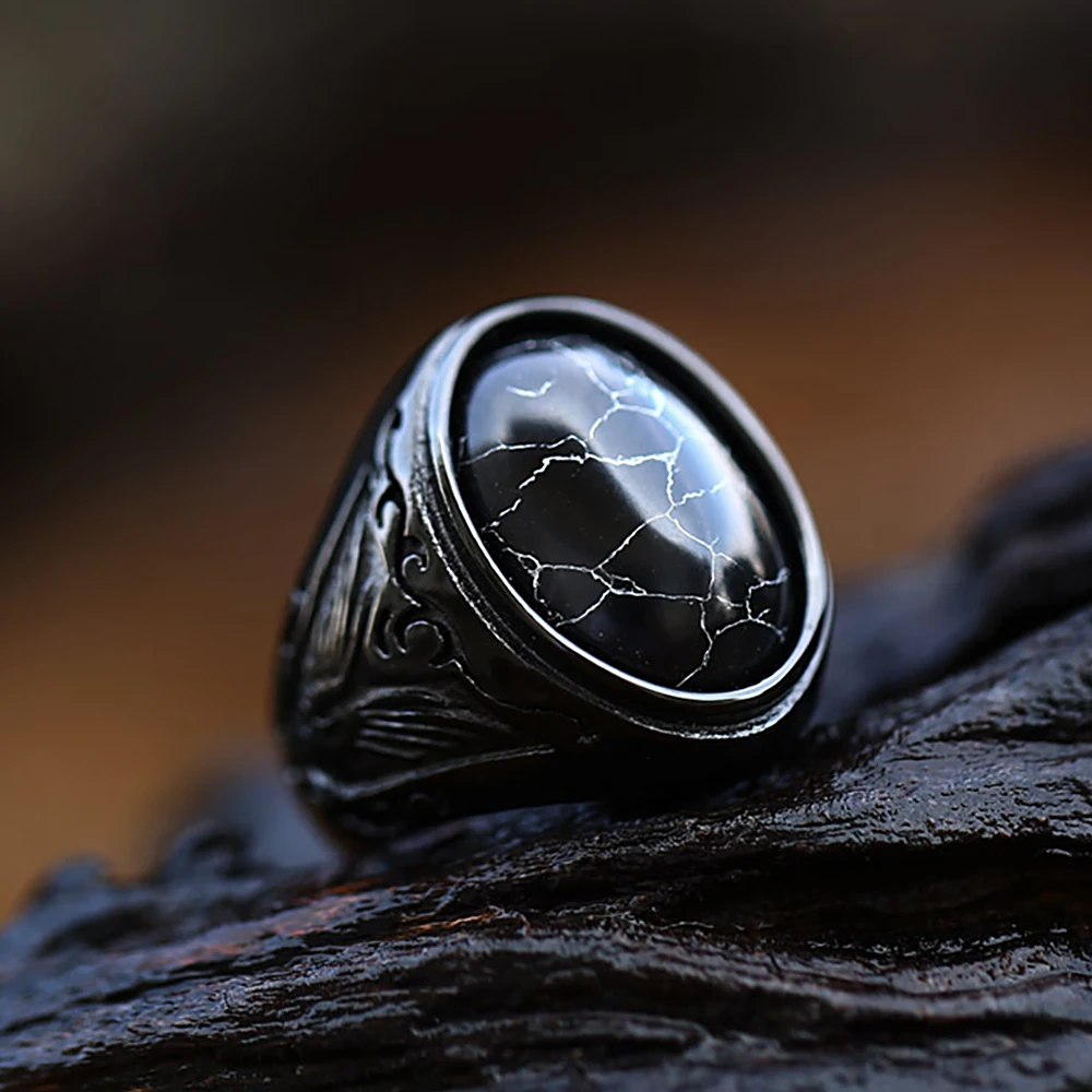 Female Stainless Steel Ring Black Stone