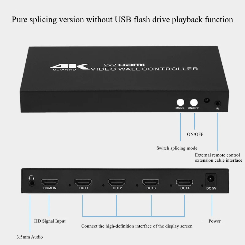 2x2 HDMI-Compitable Video Wall Controller Screen Processor Splicer 1X2 1X4 1X3 Multi-screen Splicing Box USB 4K Media Player