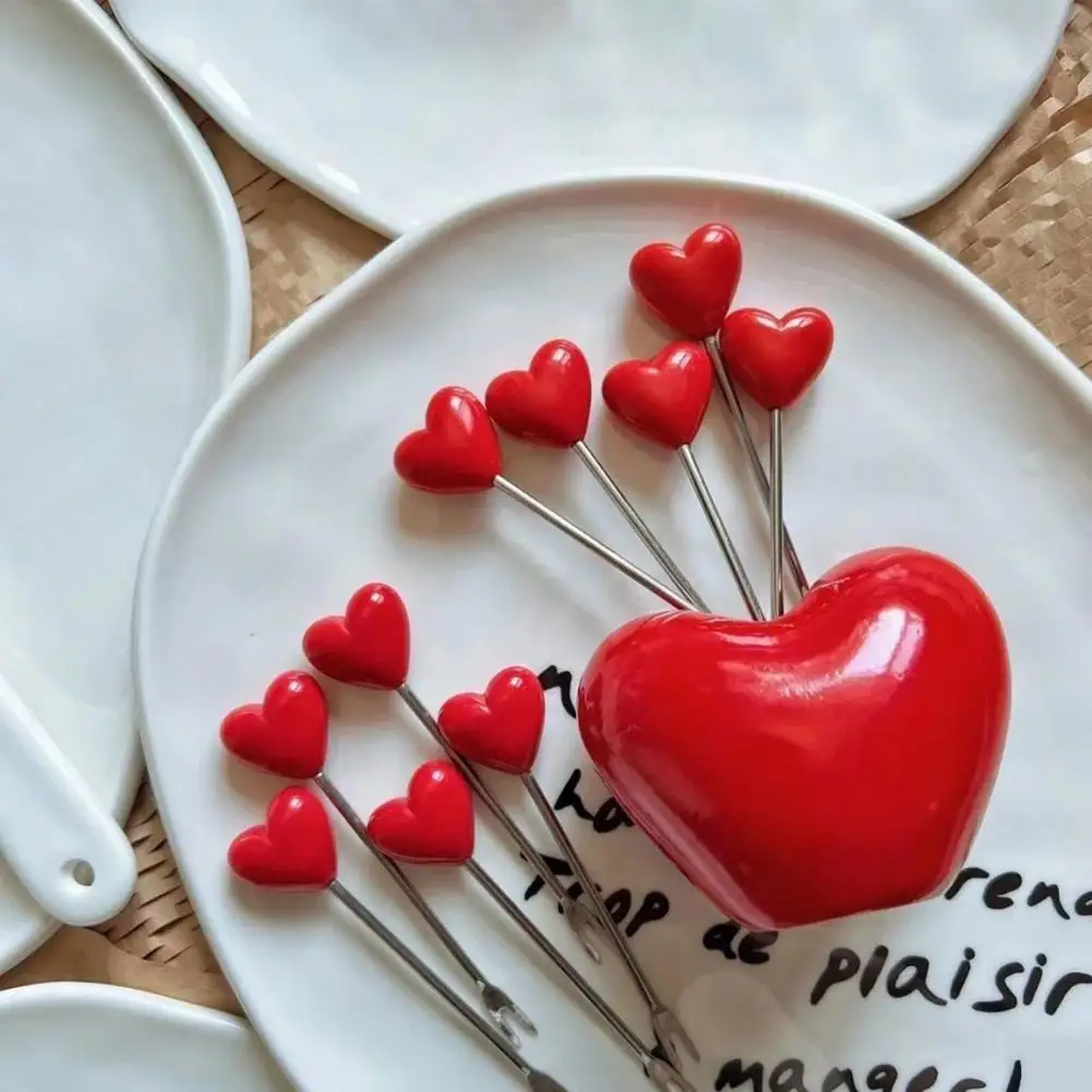 5/10Pcs 9cm Heart-Shaped Fruit Forks Set Vinyl Dessert Cake Appetizer Cocktail Picks With Love Holder Reusable Kitchen Utensils