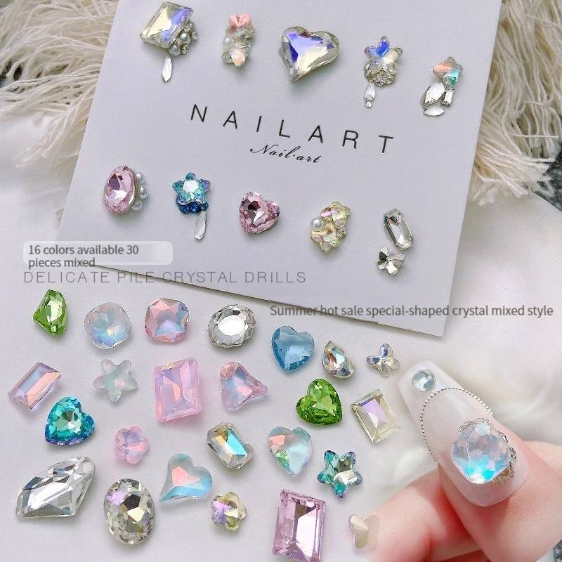 30PCS 라인 석 지적 다이아몬드 화려한 크리스탈 슈퍼 플래시 나비 지방 광장 비뚤어진 심장 믹스 네일 쥬얼리 액세서리