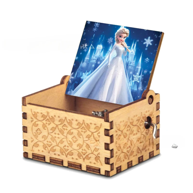 Wooden music box ornament Classical engraving hand crank Princess Elsa music box Frozen music box wholesale 2