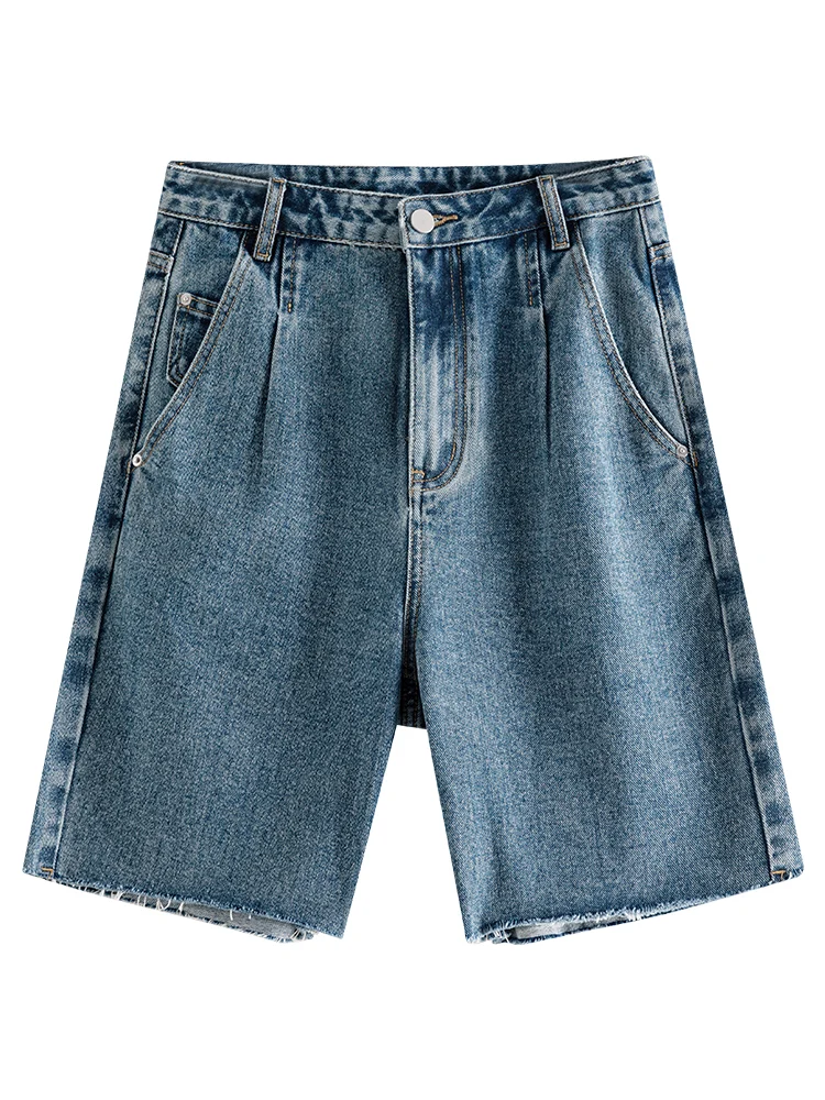 FSLE Retro Denim Blue Women Shorts 2023 Summer Five Point High Waist Straight Pants Frayed-trimmed Cotton Women Denim Shorts