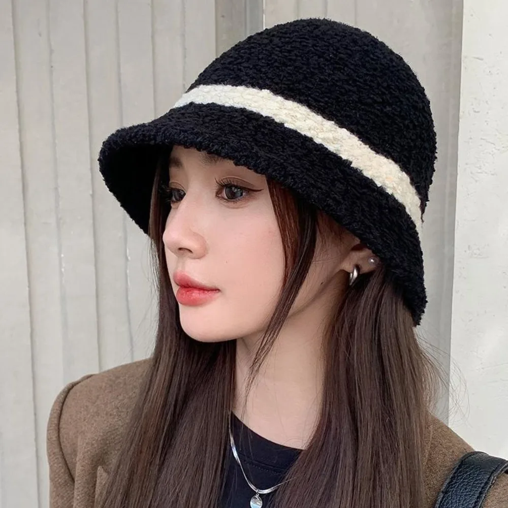 여성용 줄무늬 어부 모자, 혼합 색상 양모 양털 모자, 머리 장식, 따뜻한 버킷 캡, 패션